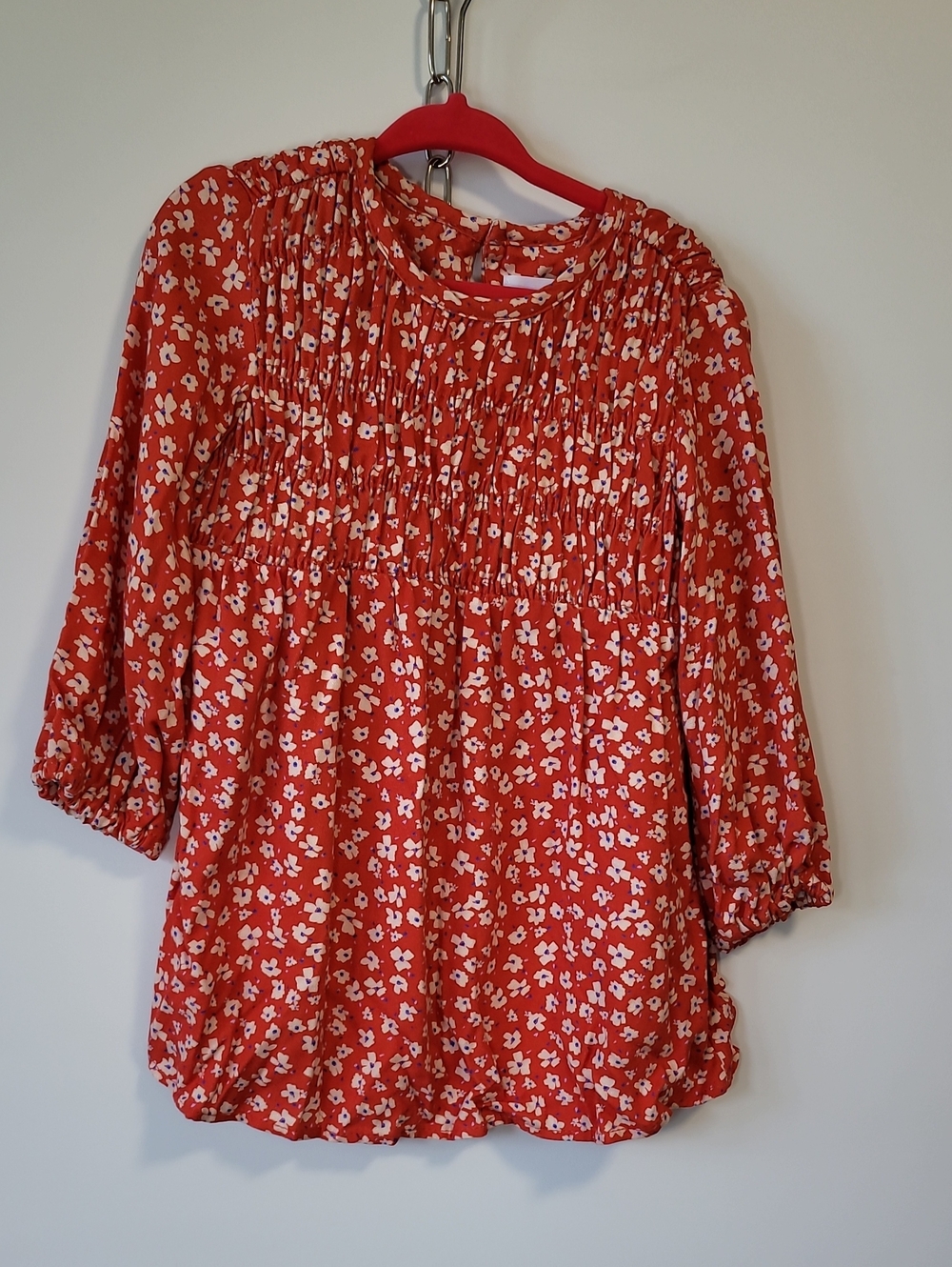 Zara Red Floral Smocked Yoke Blouse